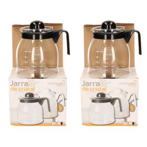 2x stuks theepot/koffiepot met zwarte deksel en handvat 1 liter