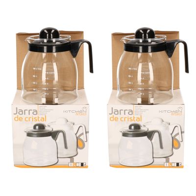 2x stuks theepot/koffiepot met zwarte deksel en handvat 1 liter