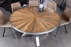 Ronde eettafel BARRACUDA 140cm bruin teak massief hout glas zilver roestvrij staal verchroomd - 43623