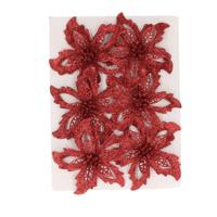 Kerstboom bloemen op clip - 6x st - rood -glitter - 8 cm - polyester - roos