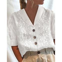 Dames Overhemd Blouse Witte oogtops Bloemig nappi Casual Elegant Vintage Modieus Korte mouw Overhemdkraag Wit Lightinthebox