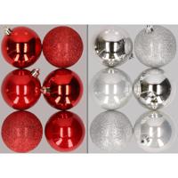 12x stuks kunststof kerstballen mix van rood en zilver 8 cm - Kerstbal - thumbnail