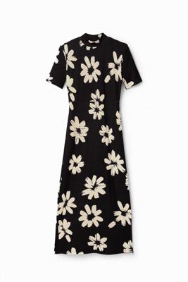 Slim fit midi-jurk met arty bloemen - BLACK - M