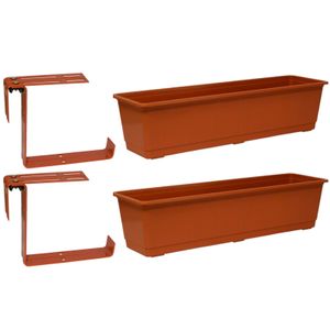 Set van 2 kunststof plantenbakken terracotta rechthoekig 60 cm met 4 verstelbare railing beugels