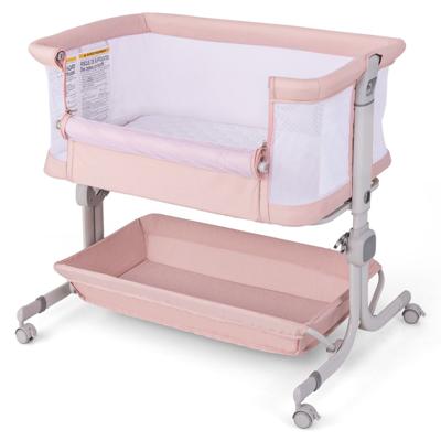 3 in 1 Bedside Crib Reisbed Baby met Matras Babybed 6-voudig in Hoogte Verstelbaar met Opbergmand Roze