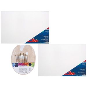 Hobby speelgoed set 2x Schildersdoeken 40 x 60 cm met palet en 12 kwasten