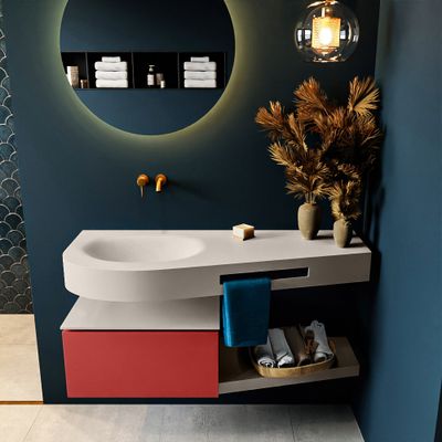 MONDIAZ RIVA 120cm badmeubel onderkast / planchet kleur Fire met 1 lade. Wastafel DULCET links 0 kraangaten kleur Linen.