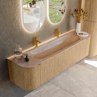 Badmeubel Mondiaz Kurve-Dlux | 170 cm | Meubelkleur Oak | Wastafelkleur Saba | Solid surface | Wasbak midden spoelbak | 2 kraangaten