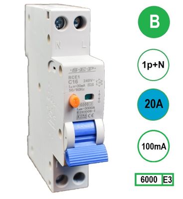Aardlekautomaat 20A B Kar 100mA 2 polig 18mm breed Kema Keur 230V automaat en aardlek in een module