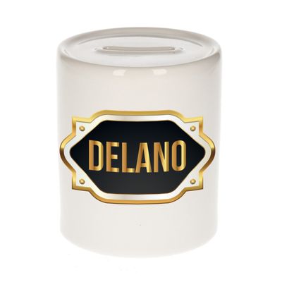 Naam cadeau spaarpot Delano met gouden embleem