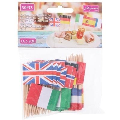 50x Europese landen cocktailprikkers - kleine vlaggetjes prikkers - papier en hout