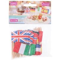 50x Europese landen cocktailprikkers - kleine vlaggetjes prikkers - papier en hout