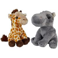 Ravensden - Safari dieren knuffels - 2x stuks - Nijlpaard en Giraffe - 15 cm - Dieren knuffels
