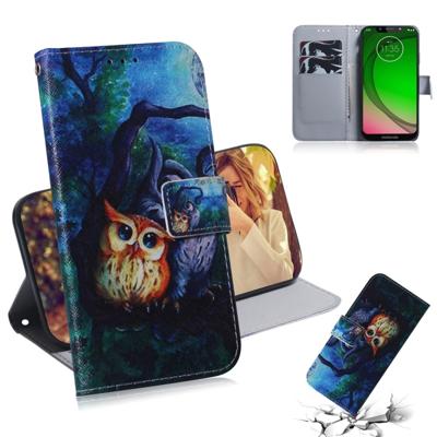 Olieverf schilderij uil patroon gekleurde tekening horizontale Flip lederen case voor Motorola Moto G7 spelen met houder & kaartsleuven & portemonnee