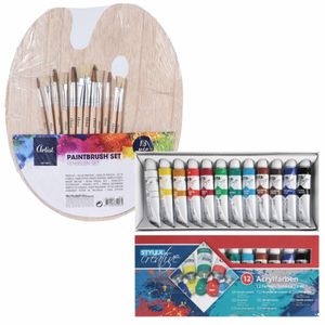 Hobby verfset voor kinderen met acrylverf schilderspalet en 12 kwasten