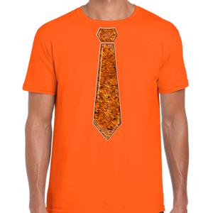 Verkleed t-shirt voor heren - stropdas oranje - pailletten - oranje - carnaval - foute party