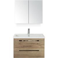 Seville Badmeubelset 80 cm - Natuur Eiken - Keramische Wastafel Wit Djazz met Spiegelkast