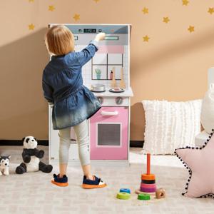 2-In-1 Poppenhuis en Keuken met Meubels en Accessoires Dubbelzijdig Speelhuis en Keuken voor Kleuters Perfecte Speelgoedset Roze