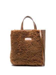 Marni sac cabas en peau lainée à patch logo - Marron