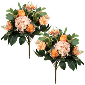 Kunstbloemen boeket roos/hortensia/lelie - 2x - oranje/zalm - H39 cm - Bloemstuk - Bladgroen