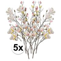 Kunstbloem Magnolia tak - 5x - 105 cm - creme wit/roze - Kunst zijdebloemen