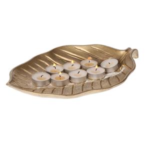 Kaarsen onderbord/schaal Leaf - goud - hout - bladnerf - 29 x 18 x 3 cm - bladvorm