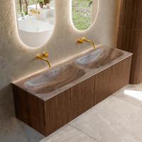 Badmeubel Mondiaz Kurve-Dlux | 140 cm | Meubelkleur Walnut | Wastafelkleur Oza | Solid surface | Wasbak beide zijden spoelbak | Zonder kraangat(en)