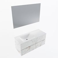 MONDIAZ VICA 110cm badmeubel onderkast Carrara 2 lades. Wastafel CLOUD links zonder kraangat, kleur Talc met spiegel LED.
