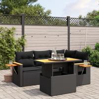 5-delige Loungeset met kussens poly rattan zwart