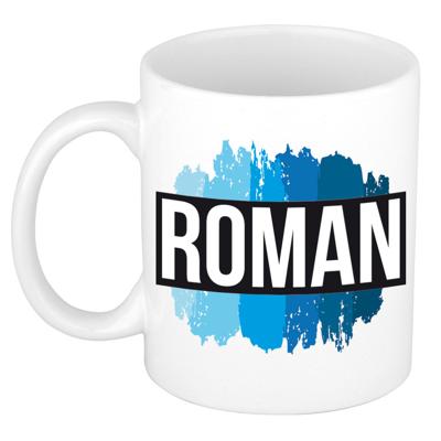 Roman naam cadeau koffie mok - beker - met blauw verfstrepen - Cadeau collega - vaderdag