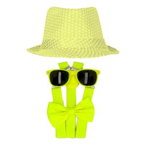 Carnaval verkleed set compleet - hoedje/bretels/bril/strikje - fluor geel - heren/dames - glimmend