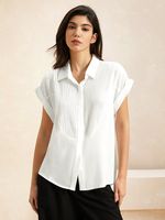 Casual Plain Shirt Collar Loose Blouse - thumbnail