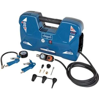 Draagbare compressor Scheppach AIR CASE - 2L- 1100 W - 8 bar (Geleverd met 12 accessoires, een blaaspistool, een opblaashandvat)