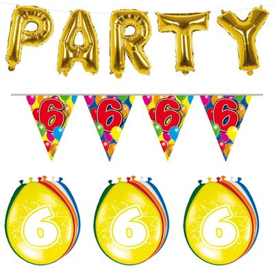 Verjaardag feestversiering 6 jaar PARTY letters en 16x ballonnen met 2x plastic vlaggetjes Verjaardag feestversiering 6 jaar PARTY letters en 16x ballonnen met 2x plastic vlaggetjes