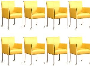 Set van 8 Gele leren moderne kuipstoel More - poot rond rvs met wiel - Toledo Leer Lemon (geel leer)