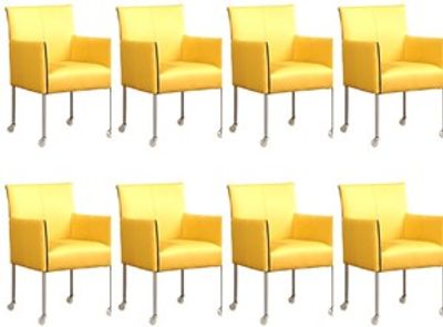 Set van 8 Gele leren moderne kuipstoel More - poot rond rvs met wiel - Toledo Leer Lemon (geel leer)