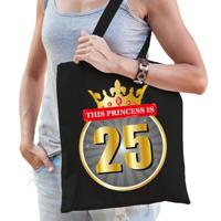 This princess is 25 - verjaardag cadeau tasje - zwart - voor dames - shopper - 10 liter