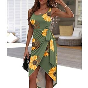 Zomerse strandjurk voor dames, knielang, korte jurk met spaghettibandjes, mouwloos jurkje met bloemenprint, elegante zomerjurk, grote maten, boho vrijetijdsjurk, groen, L