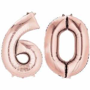 Folieballon cijfer 60 rosegoud voor lucht of helium