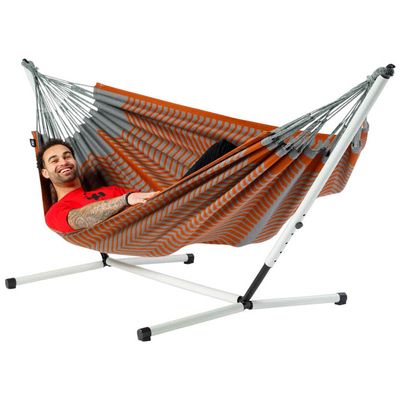 Tweepersoons hangmat met metalen standaard - 350x160cm - Bruin - 160kg draagkracht- 100% katoen - binnen & buiten