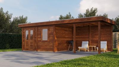 Lugarde Select Modern tuinhuis met overkapping Zutphen 388x300cm + 400cm - Bruine olie- Plat dak- - Lugarde Select