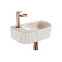 QeramiQ Fuente Fonteinset - 40x21.5x12cm - links - geribbeld - halfrond - 1 kraangat - keramiek - fonteinkraan geborsteld koper - afvoerplug - verlaagd sifon - beige SW1209549/SW799405/SW799403/SW970033