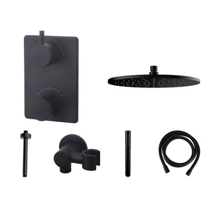 Regendouche set Wiesbaden Black | Inbouw | Thermostaatkraan | 2-weg | Rond | Zwart mat