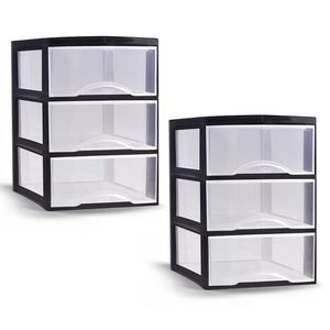 Ladeblokje/bureau organizer - 2x stuks - 3 lades - transparant/zwart - L26 x B36 x H37 cm - plastic