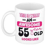 Verjaardag cadeau mok 55 jaar - roze - grappige tekst - 300 ml - keramiek Verjaardag cadeau mok 55 jaar - roze - grappige tekst - 300 ml - keramiek