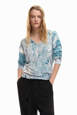 Abstracte print V-hals trui - BLUE - L