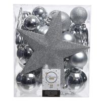 Decoris kerstballen set - 34-dlg - zilver - incl. piek - kunststof - kerstversiering - thumbnail