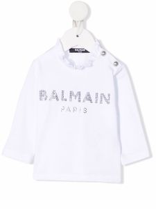 Balmain Kids t-shirt manches-longues à logo strassé - Blanc