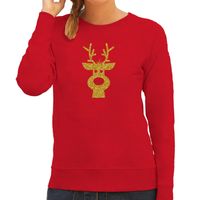 Rendier hoofd Kerst sweater / trui rood voor dames met gouden glitter bedrukking - thumbnail