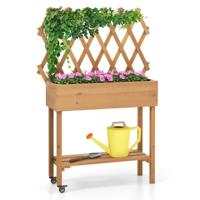 Plantenbak met Houten Latwerk en Opbergrek Verhoogd Tuinbed met Afsluitbare Wielen Stoffen Bekleding voor Klimplant Wijnstok Plantenbak met Houten Latwerk en Opbergrek Verhoogd Tuinbed met Afsluitbare Wielen Stoffen Bekleding voor Klimplant Wijnstok